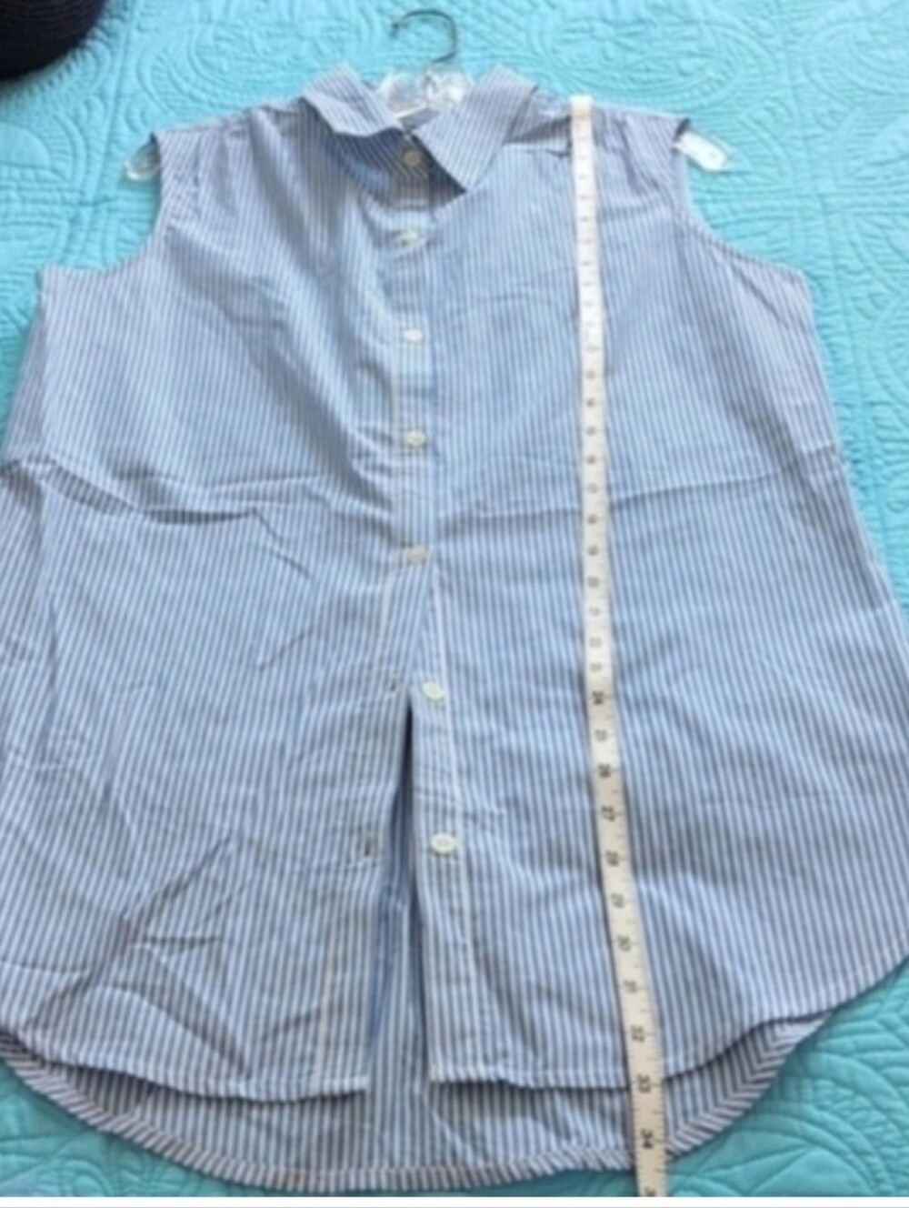 Cotton Sleeveless Blue Pinstripe Button-Up Shirt, Coverup - Picture 4 of 8